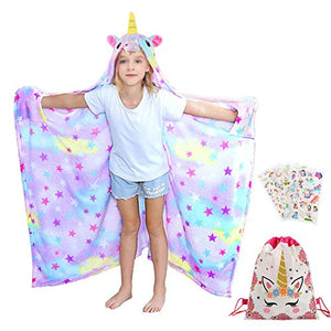 Hooded Unicorn & Stars Blanket | Throw For Girls | Fleece | Multicoloured