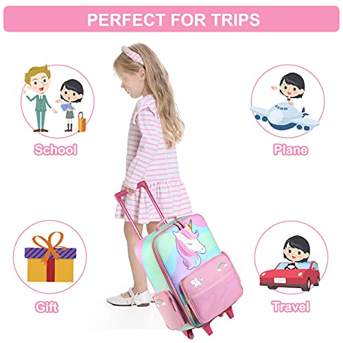 Trolley Luggage for Girls, VASCHY Cute Carry on Suitcase with Wheels for School Trips, Travel, Weekend for Girls, Toddlers, Children's Luggage 18inch (Rainbow Unicorn)