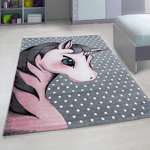 Children's Unicorn Design Rug | Pink & Grey | 120x170 cm