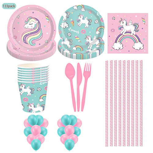 Unicorn Party Supplies | Kids Birthday Party Tableware | Unicorn Paper Plates Cups Napkins Straw Balloons