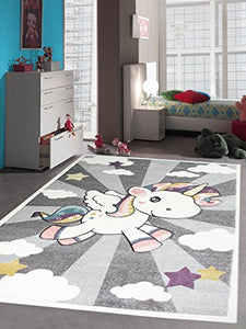 Children's Rug | Unicorn Rainbow | Size 80x150 cm | Grey, Pink, Purple
