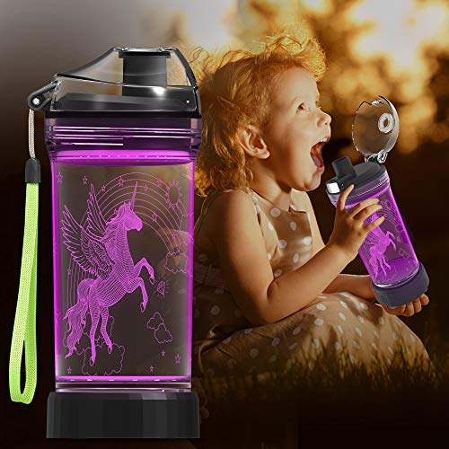 Kids Water Bottle With 3D Glowing Unicorn | Illusion LED Light |  14 0z 