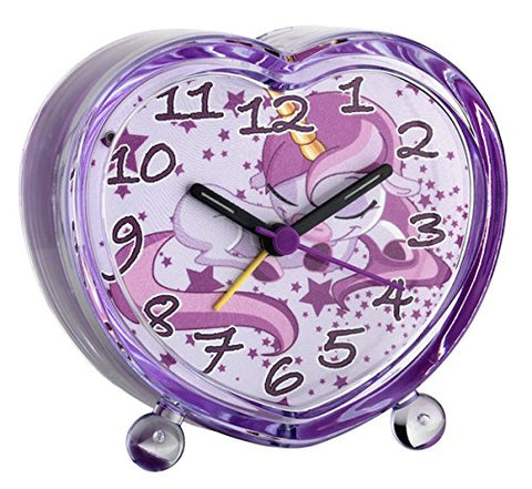 Cute purple unicorn alarm clock. Kids bedside table. Sleeping unicorn and stars design. Backlit, silent sweep hands. 