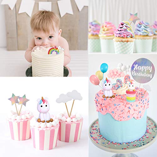 Unicorn Cake Topper Decoration 27 Pcs Including 7 Clouds, 1 Rainbow, 1 Star Hairball Arch, 6 Balloons, 5 Stars, 4 Support Stick, 2 Unicorns, 1 Happy Birthday, for Kids Birthday Baby Shower Party