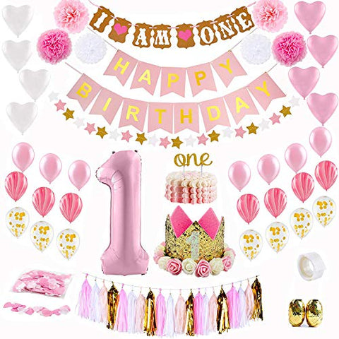 1st Birthday Decoration Set, 61pcs Baby Girl First Birthday Party Decoration Kit | Pink, Gold 