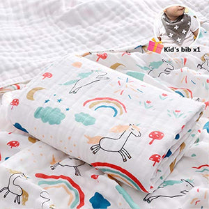 Unicorn Print Muslins Swaddle Blanket for Newborn/Baby (110x108cm,Rainbow Unicorn)
