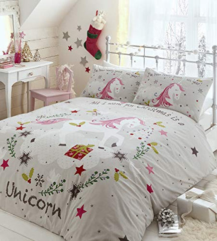 Kids Christmas Unicorns Duvet Cover Bed Set | Polycotton| Grey | Single