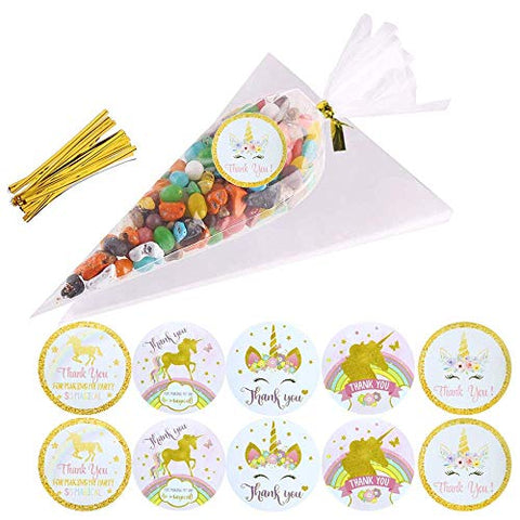 Sweet Cone Bags with Unicorn Thank You Stickers for Party and Sweets
