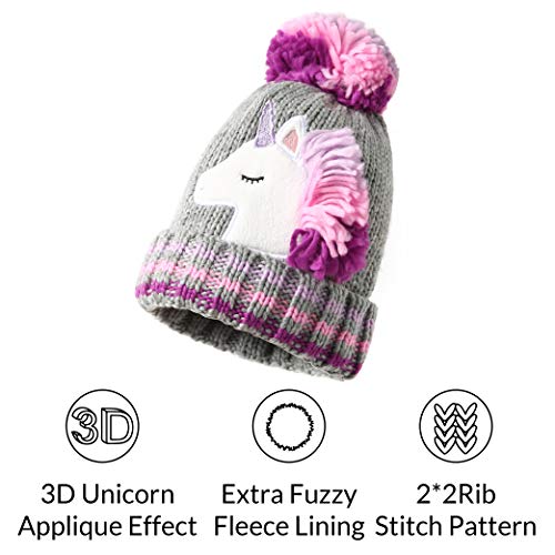 Unicorn Winter Bobble Hat Grey & Pink