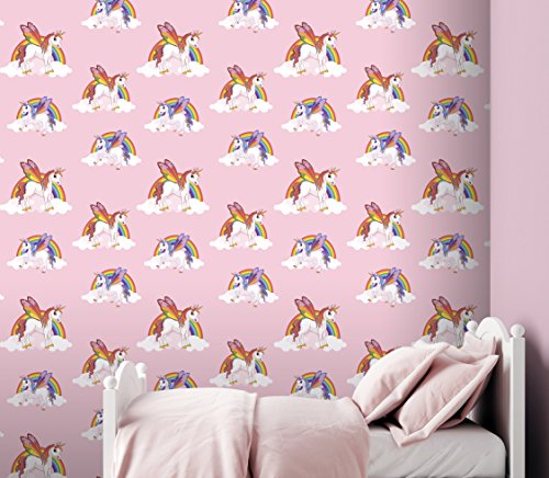 Unicorn My Little Pony Wallpaper. Rainbows and clouds, pink girls bedroom.