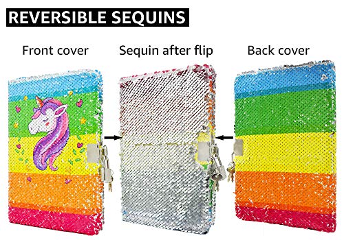 Rainbow Unicorn Notebook Diary with Lock & Key | Reversible Sequin