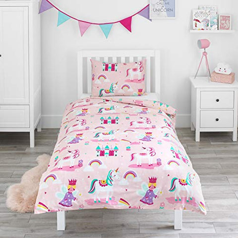 Magic Unicorn, Fairy Princess & Enchanted Castle - Kids Bedding Set - Pink - Single
