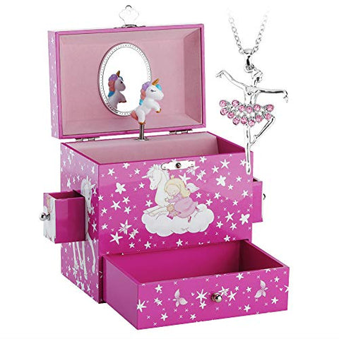 Unicorn Themed Musical Jewellery Box with Drawer and Jewellery Set- Girls 
