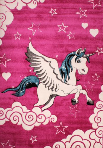 Cute Girls Pink Unicorn Rug with Stars, Clouds. Perfect for bedroom, nursery, playroom!