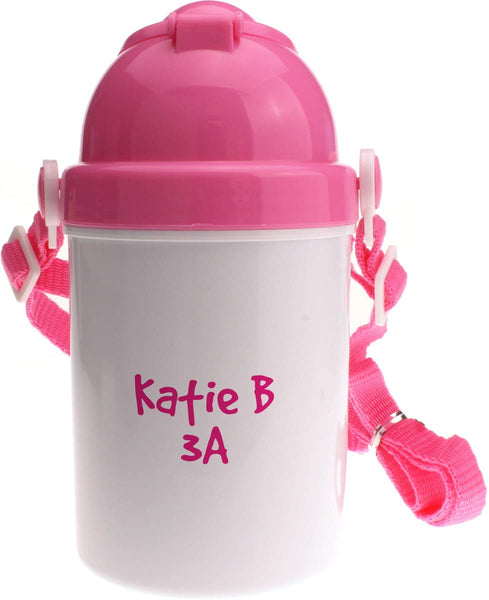 Personalised Girls Pink Unicorn Plastic Drinking Bottle With Popup Lid and Straw