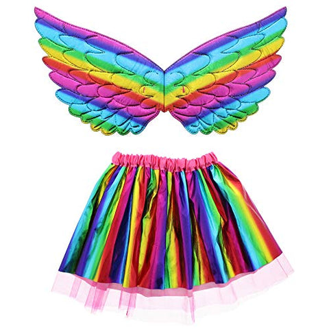 2 Piece Fancy Dress Girls Shiny Rainbow Wings & Tutu Fairy Unicorn Set