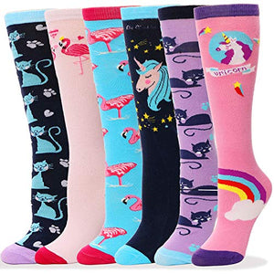 Girls Knee High Socks | Various Designs | Unicorn Print | Multicoloured | 6 Pairs