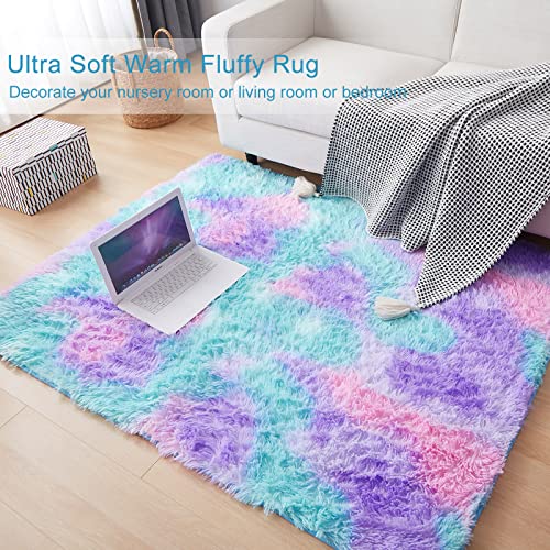 Fluffy Area Rugs Rainbow Soft Rug Plush Carpets for Living Room Kids Girls Bedroom Nursery Home Decor Floor Carpet 120x150cm