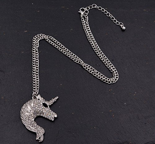 Silver Tone Chunky Unicorn Design Pedant Long Necklace (Organza Gift Pouch Included)