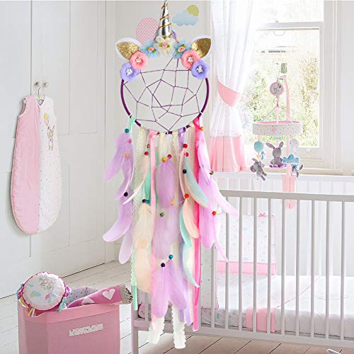 Dremisland Unicorn Dream Catcher Colorful Feather Pastel Colours Handmade For Girls Kids Nursery Bedroom