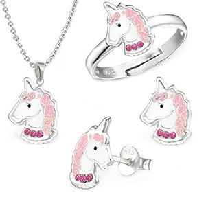 GH1 A Pink Crystal 925 Silver Unicorn Earrings + Pendant + Necklace + Ring Set