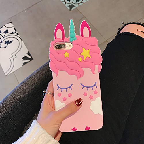 Liangxuer Pink Unicorn for iPhone 7 Plus 8 Plus Soft 3D Silicone Case,Cute Animal Rubber Cover,Cool Kawaii Cartoon Gel Cases for Girls Kids.Fun Unique Sweet Character Skin Protector Shell for 8Plus