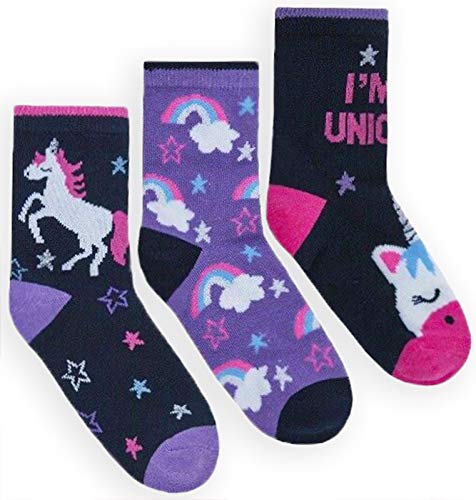 JollyRascals | Girls Unicorn Socks | 3 Pairs | UK Sizes 6-8.5 9-12 12-3.5 Purple UK 6-8.5