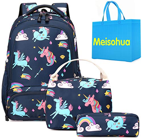 Unicorn Backpack For Girls | Pencil Case & Lunch Bag | 3 In 1 | Dark Blue