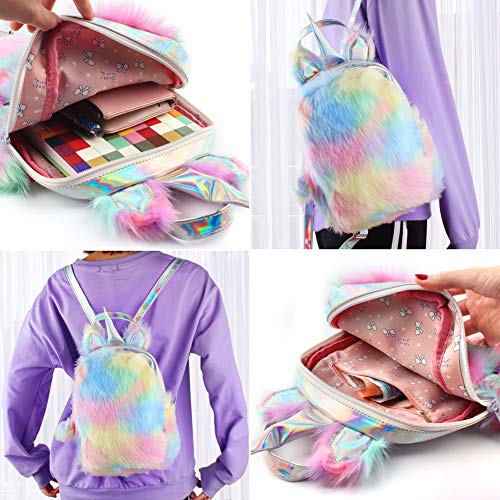 Cute Plush Unicorn Backpack,Fluffy Mini Unicorn Backpack Bags for Girls Plush Soft Rainbow Schoolbag Multicolour pastels