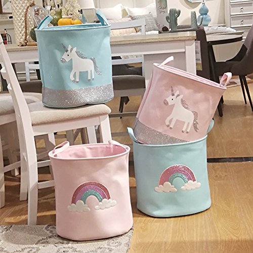 Auidy_6TXD Unicorn Laundry Storage Basket, Large and Cute Waterproof Toy Storage Basket Toy Organizer, Foldable & Portable Laundry Storage Bag for Office, Bedroom, Clothes (Pink)