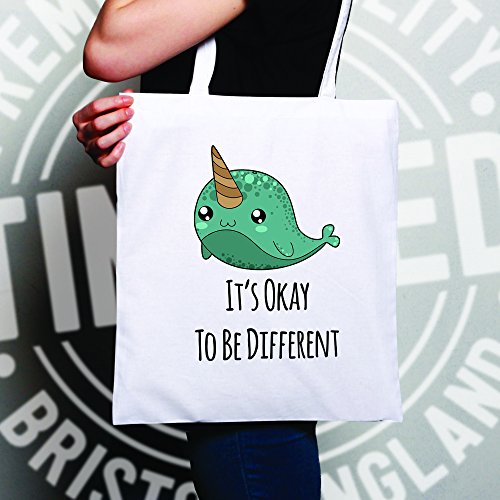 It's Okay To Be Different Narwhal Unicorns Of Sea Cartoon Cute The Ocean Sunfish Bowhead Mammal Tusk Nature Slogan Shopping Tote Bag Cool Birthday Gift Present