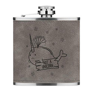 Narwhal Not A Unicorn 6oz PU Leather Hip Flask Grey Luxe