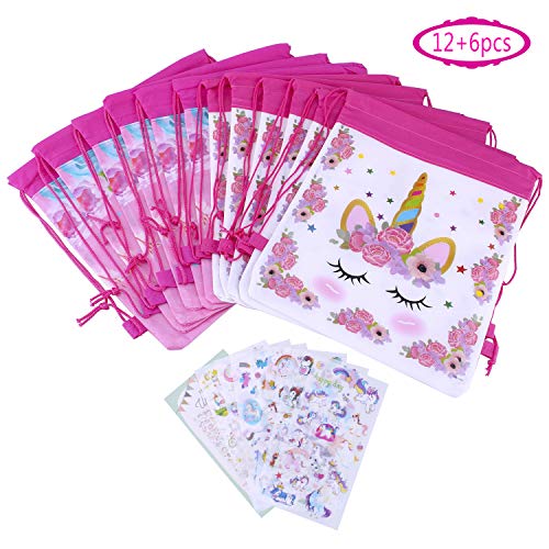 Unicorn Drawstring Party Bags with Unicorn Stickers | 12 Pack | Birthday Parties | Baby Showers