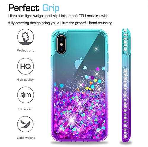 LeYi Case for iPhone XS/iPhone X with Glass Screen Protector [2 pack], Girl Women 3D Glitter Liquid Cute Personalised Clear Silicone Gel Shockproof Phone Cover Apple iPhone XS iPhone X Blue Purple