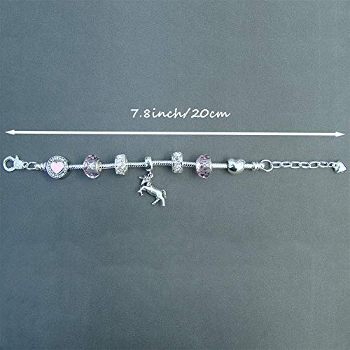 Beautiful Girls Unicorn Bracelet | Sweet Pink Crystal Beads | Sliver Heart Charm | Jewellery Gifts for Girls