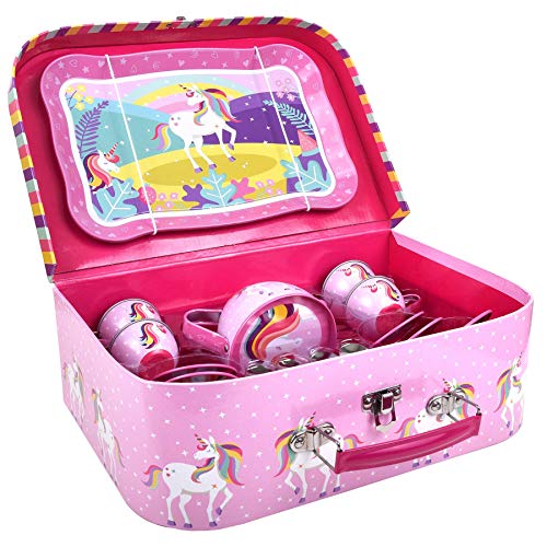 SOKA® Unicorn Metal Tea Set & Carry Case Toy For Kids | 18 Pcs | Children Role Play