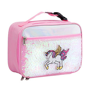 Unicorn Sequined Pink Lunch Bag for Kids, Insulated Lunch Box, Snack Box 