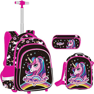 Unicorn Backpacks Trolley Bag Set for Girls, Primary School Bag Wheeled Backpack with Lunch Bag Pencil case Ideal for 1-6 Grade Students
