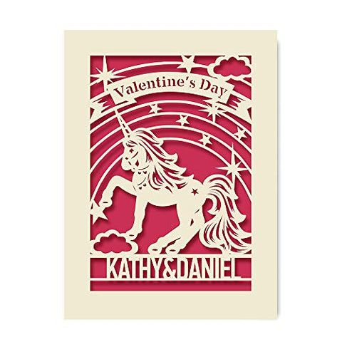 Personalised Unicorn Valentines Day Card | Laser Paper Cut Greeting Card | Customized Name | Custom Gift for Lover Handmade in UK(Fuchsia)
