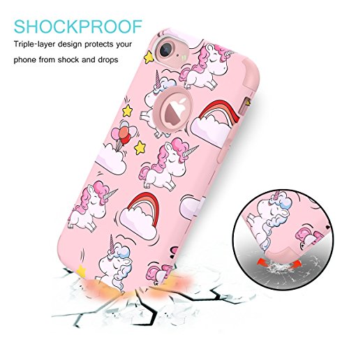 iPhone 7 Case, WE LOVE CASE Shockproof Hybrid 3in1 360 Hard Back iPhone 7 Case Protective Pattern Shock Proof Heavy Duty Silicone Bumper Defender iPhone 7 Case Unicorn …