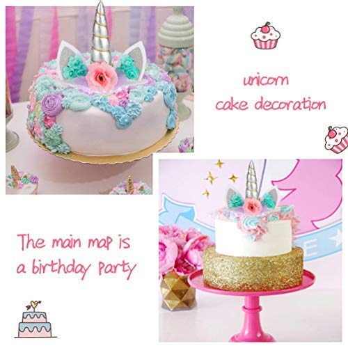 Unicorn Cake Topper Handmade Flowers Unicorn Horn Ears Happy Birthday DIY Glitter Birthday Cupcake Topper Candle Party Decoration for Baby Shower Wedding Birthday (Silver)
