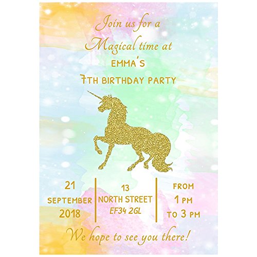 20 Personalised Gold Unicorn Birthday Party Invitations & Envelopes