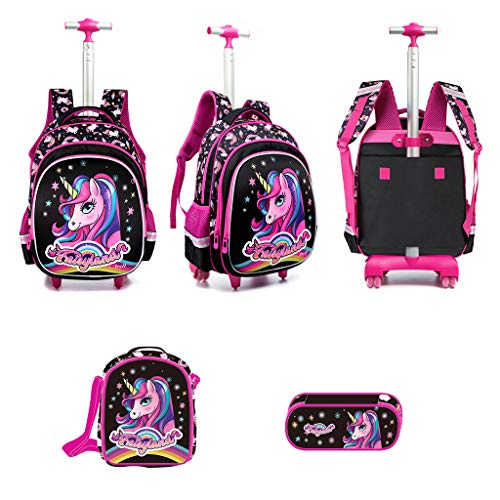 Unicorn Backpacks Trolley Bag Set for Girls, Primary School Bag Wheeled Backpack with Lunch Bag Pencil case Ideal for 1-6 Grade Students