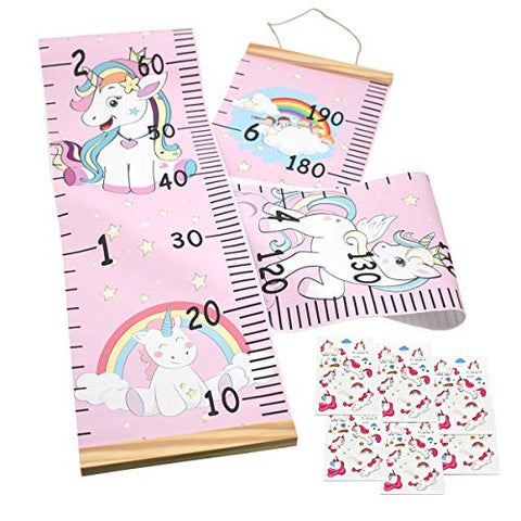 Kids Growth Height Hanging Wall Chart with 6 Unicorn Tattoo Stickers – Pink