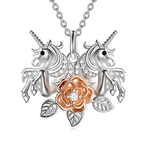 Stunning Double Unicorns With Rose Flower Pendant Necklace | Jewellery For Women