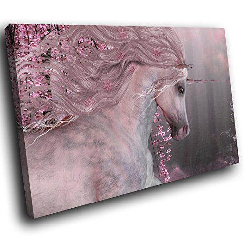 Pink Floral Unicorn Forest Canvas Wall Art Picture 