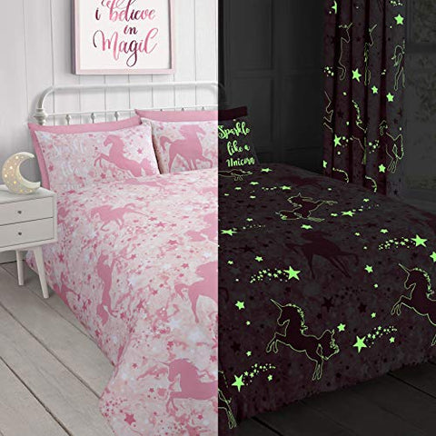 Unicorn & Stars Magical Glow in the Dark Duvet Cover Bedding Set (Pink, Single)