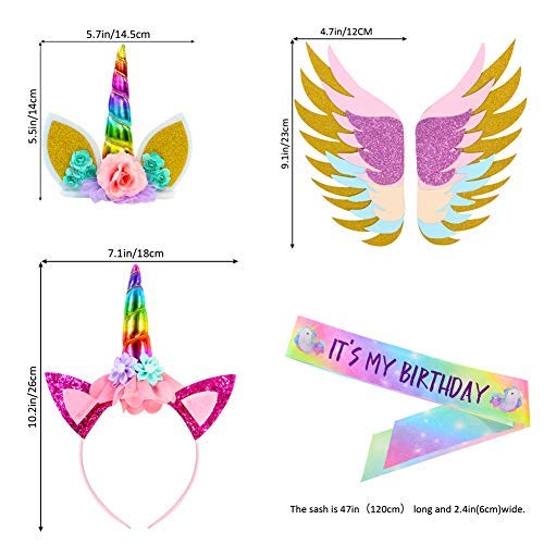 Rainbow Unicorn Cake Topper | Unicorn Birthday Party | Includes Headband, Sash, Ears, Eyelashes, Wings