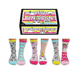 Novelty gift idea for a unicorn lover. Unicorn Oddsocks, 3 pairs of mismatched unicorn socks.