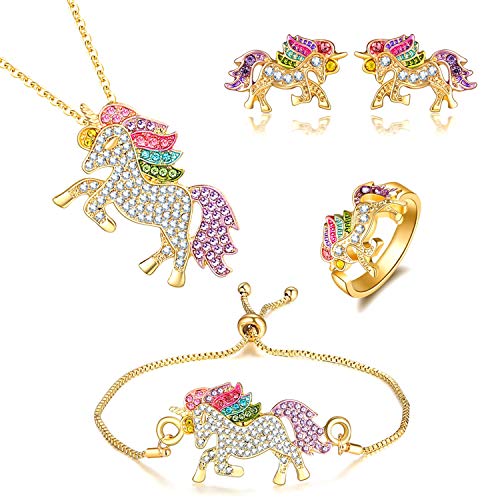 4 Pack Gold Unicorn Jewellery Set, Include Rainbow Rhinestone Crystal Necklace, Bracelet, Earring, Ring and Gift Box for Girls Gift Set